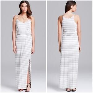 Splendid Marina Eyelet Maxi Dress Spaghetti Strap Long Striped Slit Dress, Gray